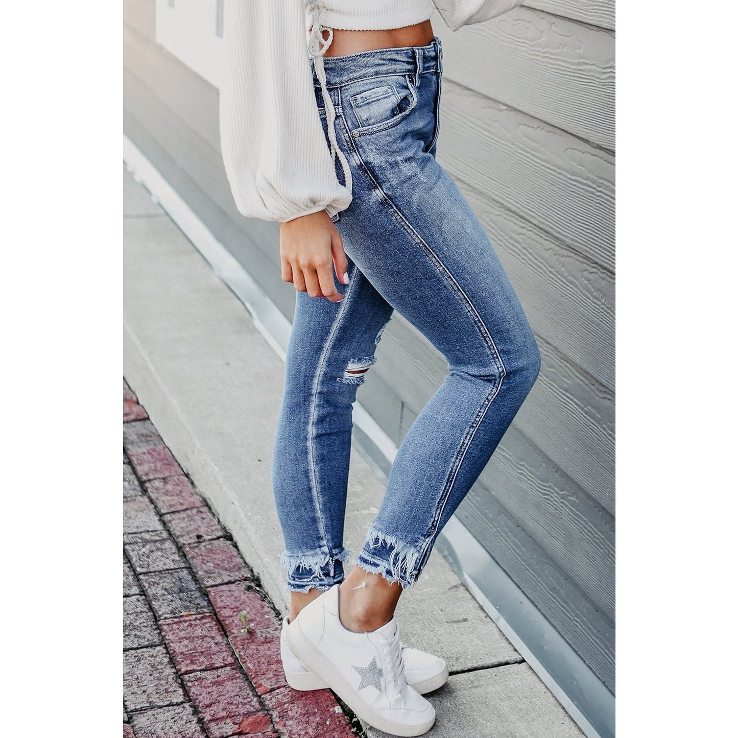 RTS Shania Light Blue Distressed Frayed Ankle Skinny Jeans