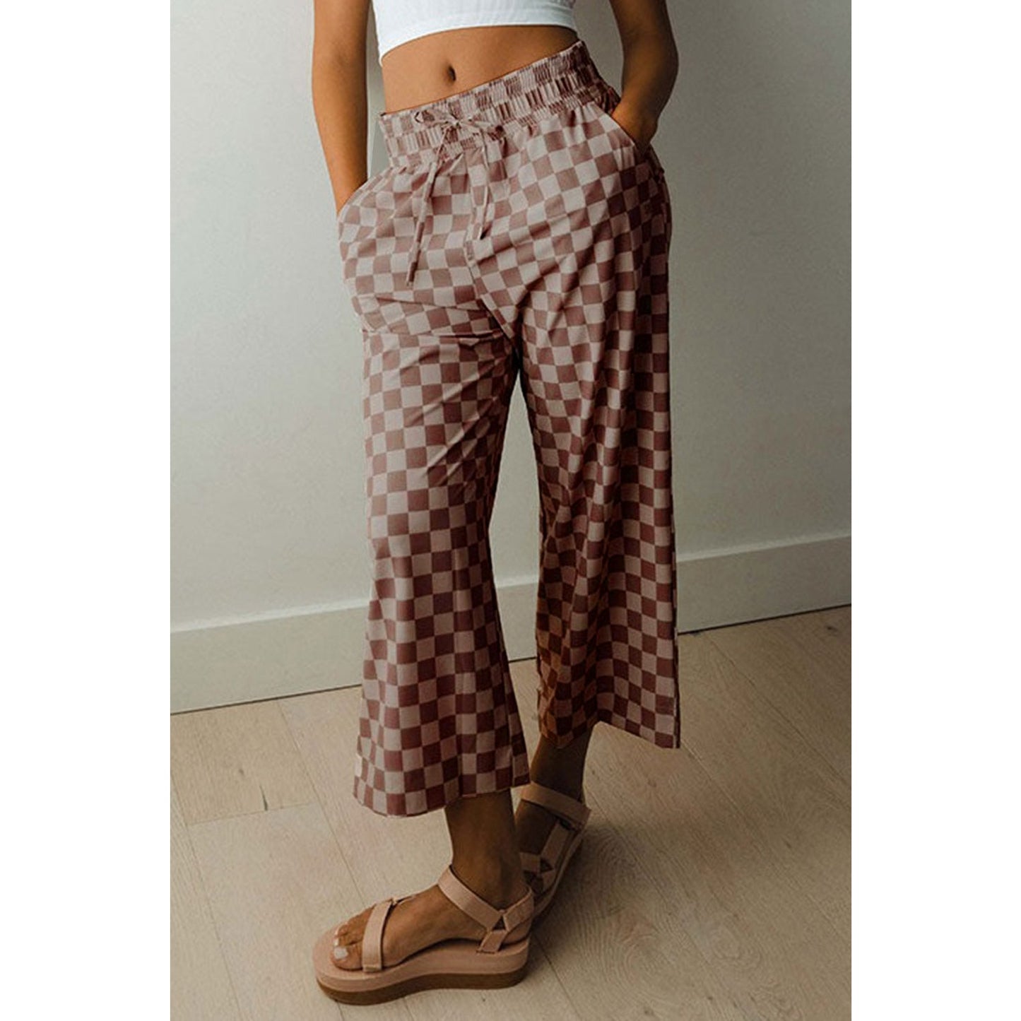 Sharpay Khaki Checkered Elastic High Waist Loose Casual Pants