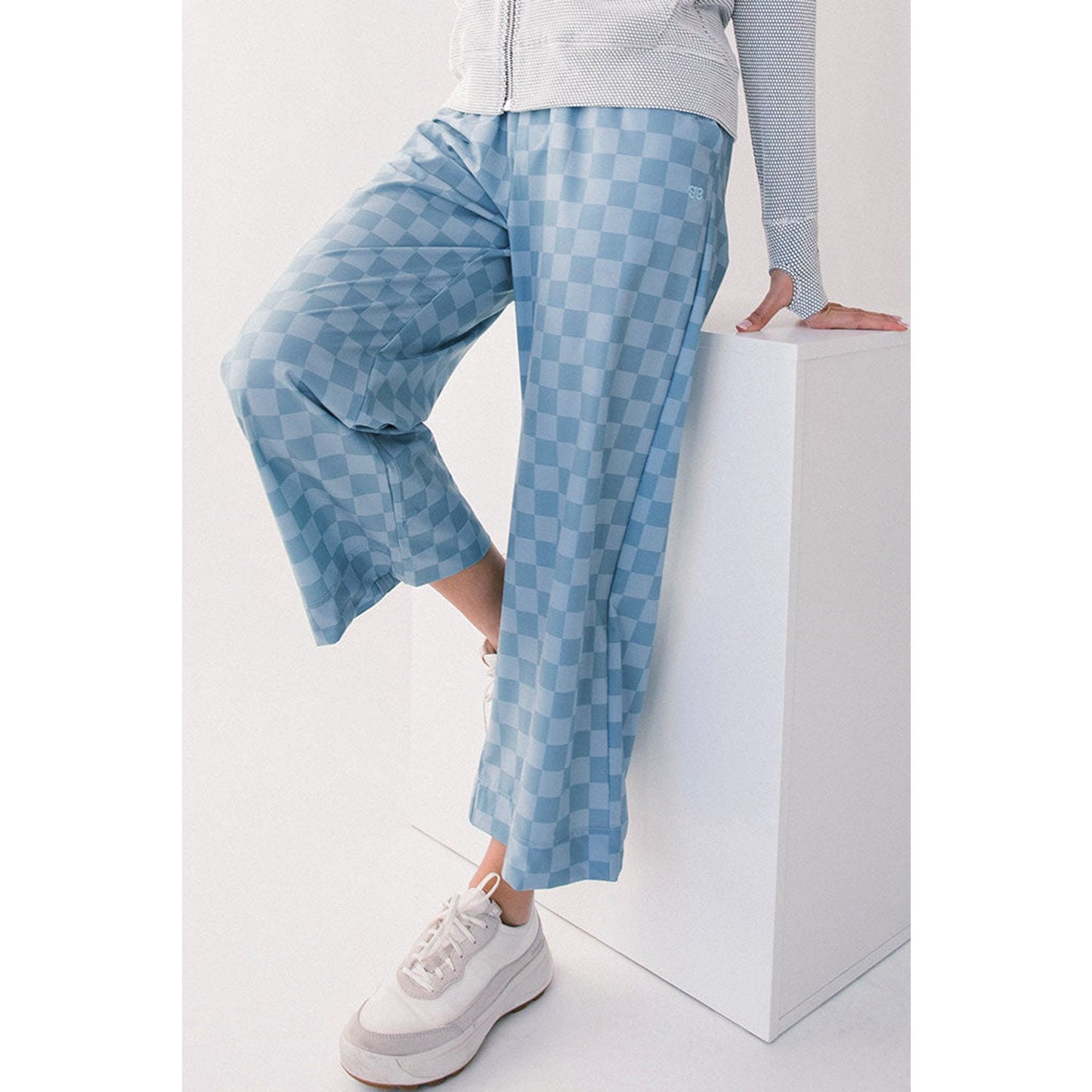 Sharpay Sky Blue Checkered Elastic High Waist Loose Casual Pants