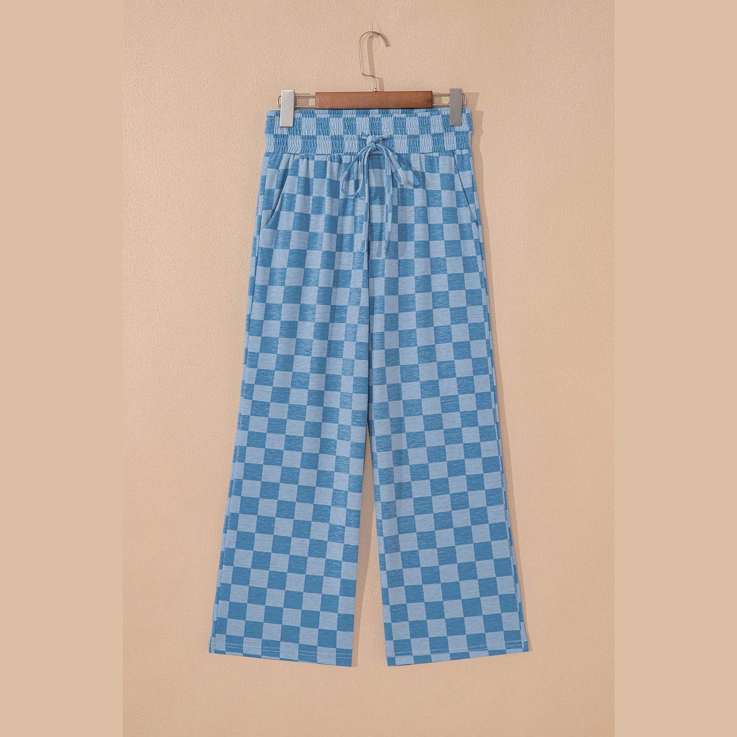Sharpay Sky Blue Checkered Elastic High Waist Loose Casual Pants