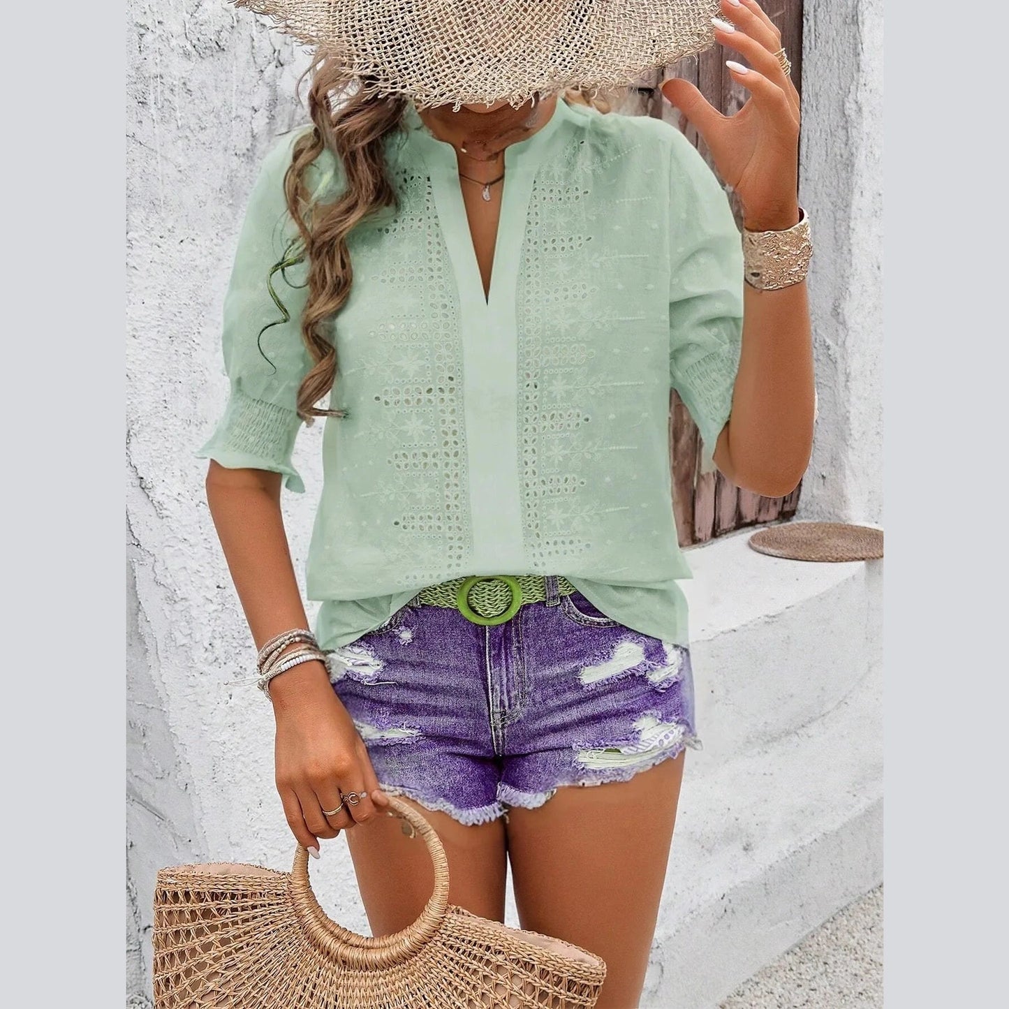Shawnee Green Notch V Neck Puff Sleeve Blouse