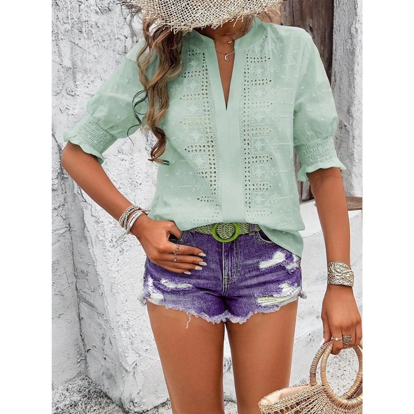 Shawnee Green Notch V Neck Puff Sleeve Blouse