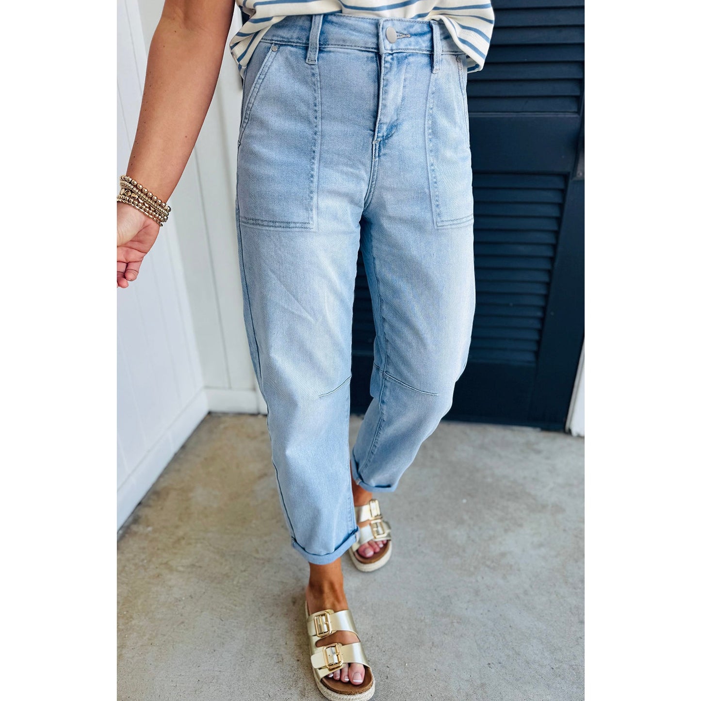 Shawnelle Beau Blue High Rise Barrel Relaxed Patch Pocket Jeans