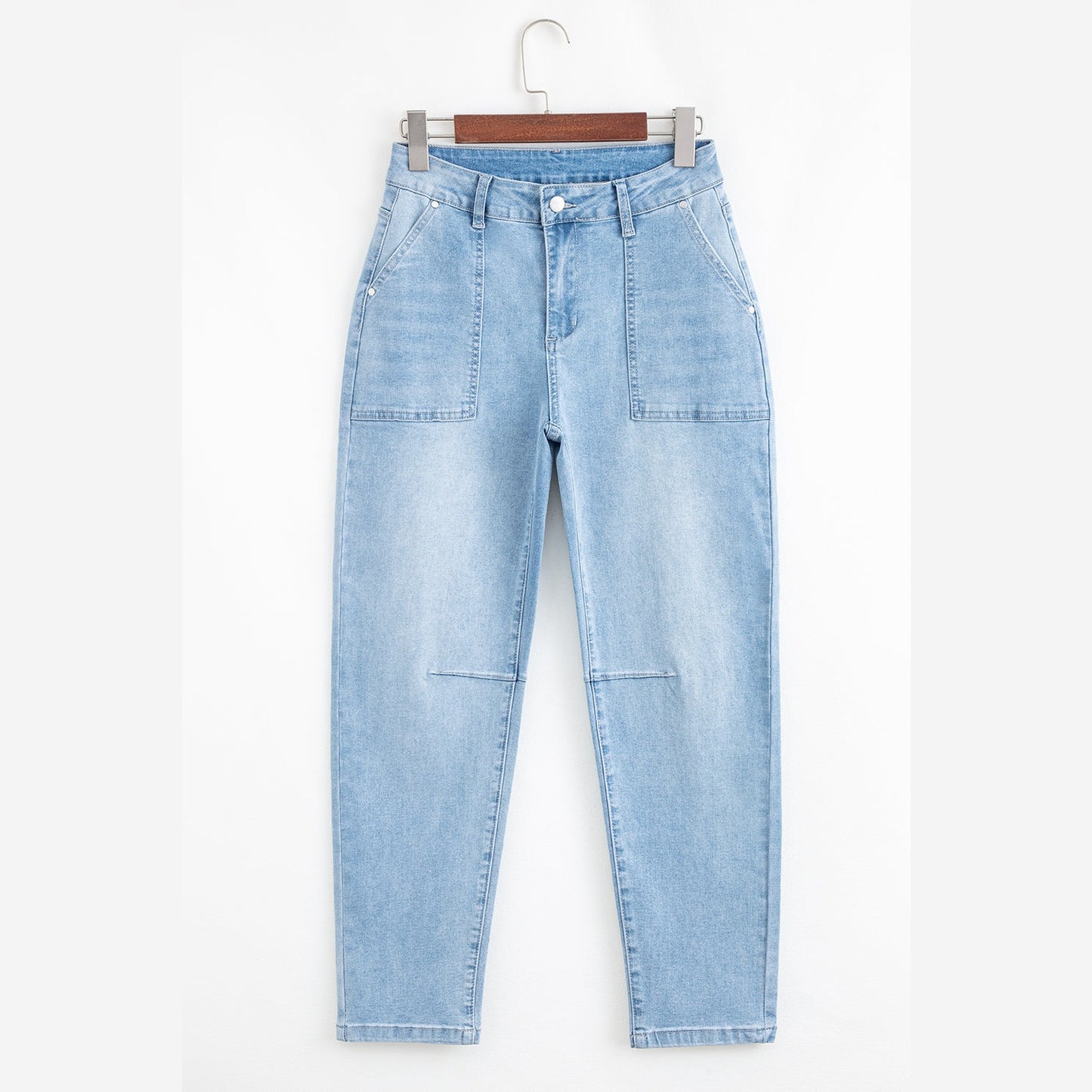 Shawnelle Beau Blue High Rise Barrel Relaxed Patch Pocket Jeans