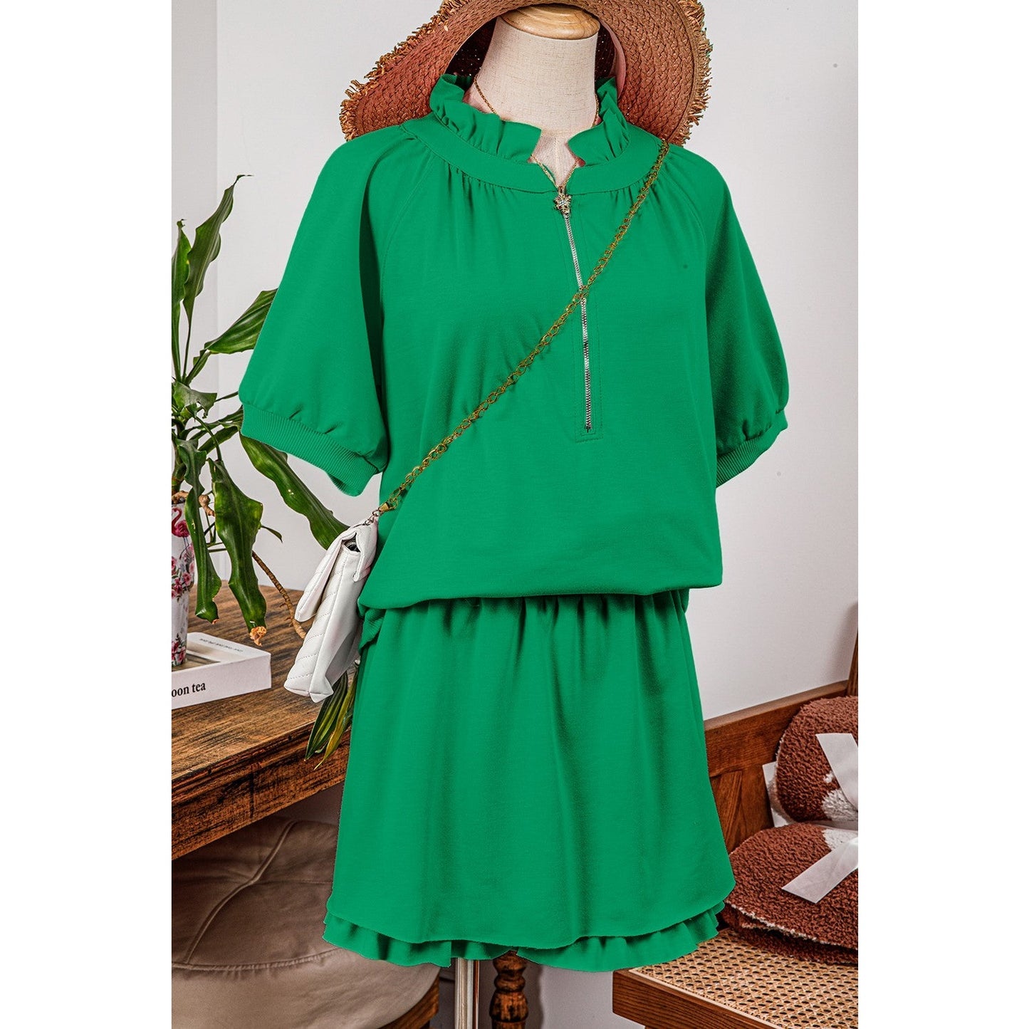 Shenaye Green Half Zip Puff Sleeve Top and Ruffled Shorts Set