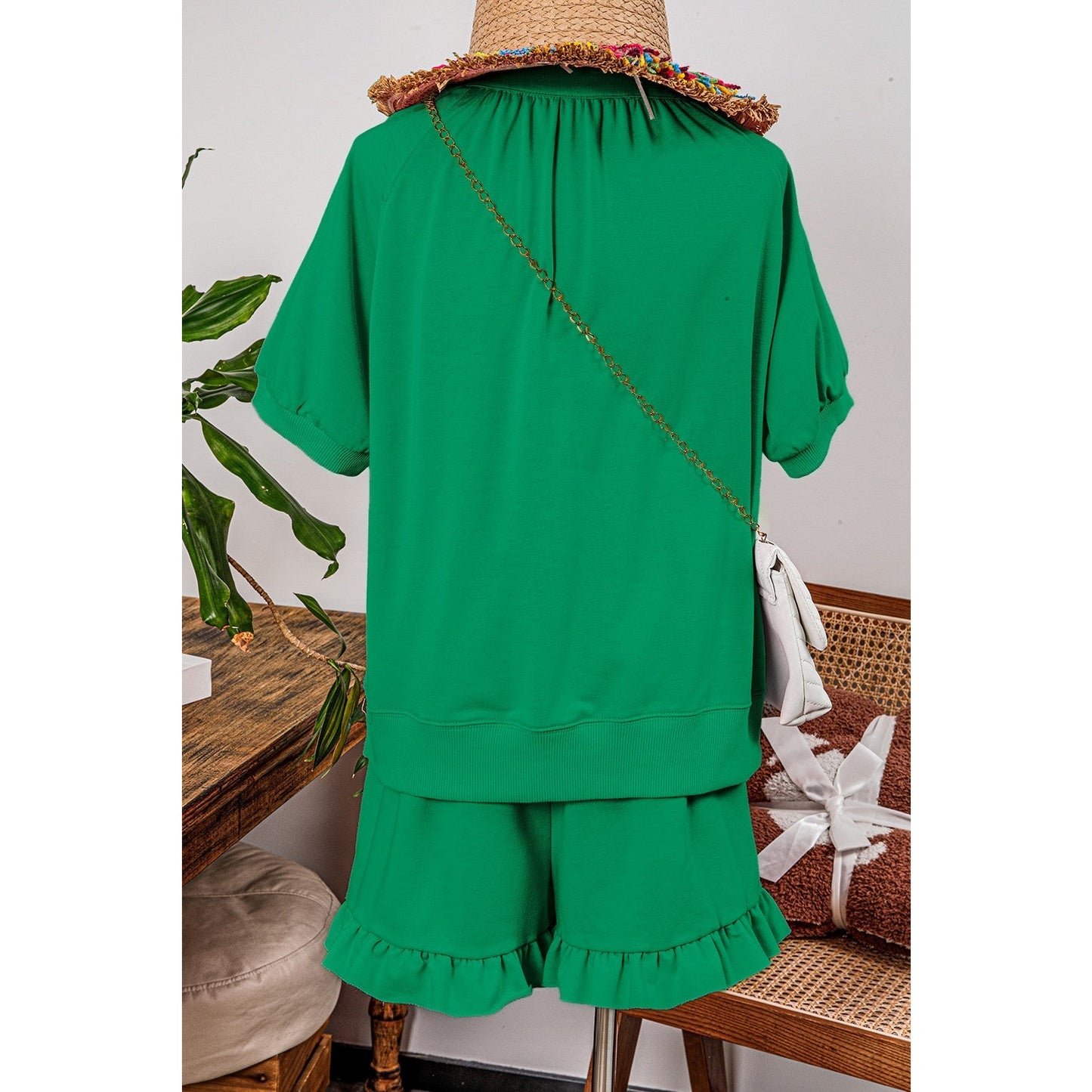 Shenaye Green Half Zip Puff Sleeve Top and Ruffled Shorts Set