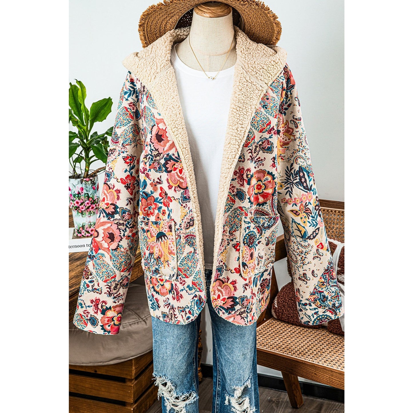 Shirl Vintage Paisley Floral Printed Sherpa Lined Hooded Jacket