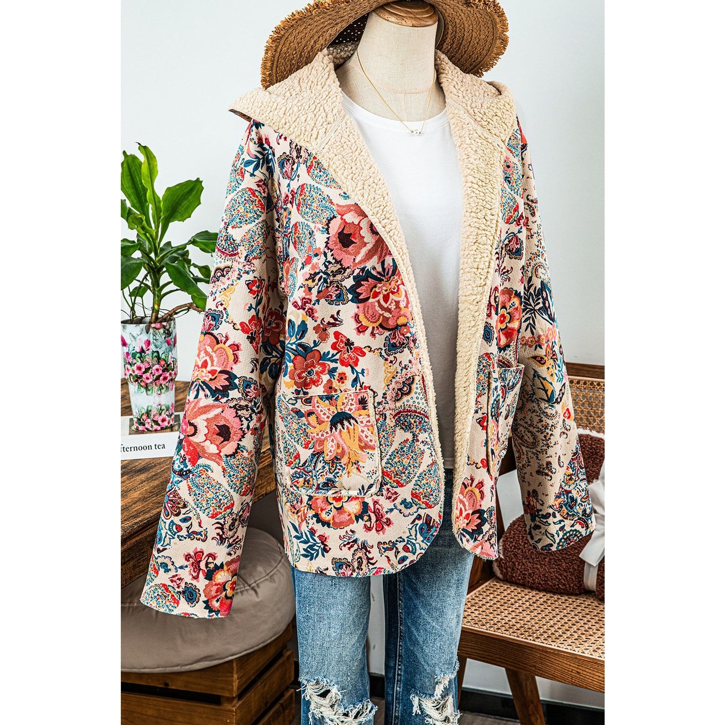 Shirl Vintage Paisley Floral Printed Sherpa Lined Hooded Jacket