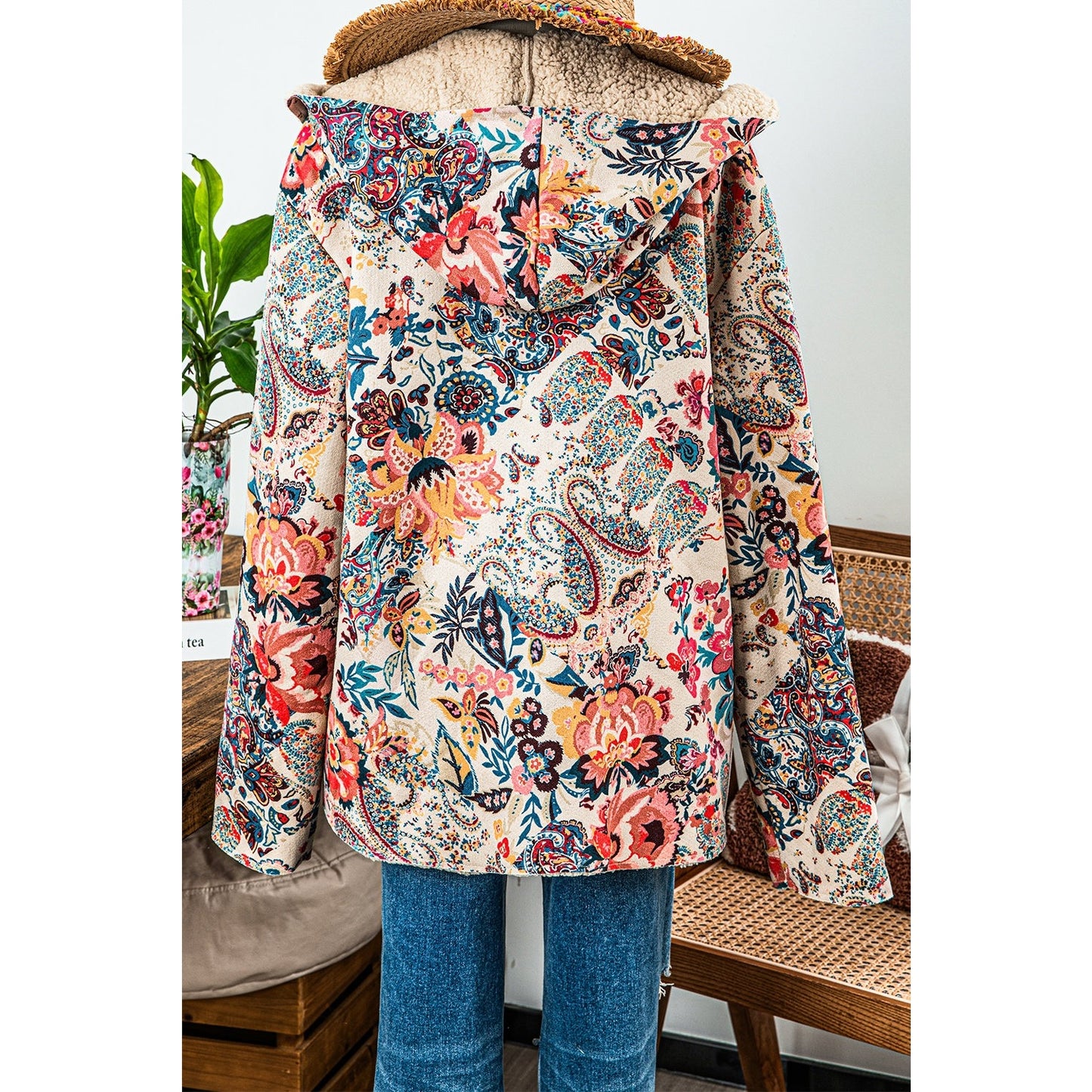 Shirl Vintage Paisley Floral Printed Sherpa Lined Hooded Jacket