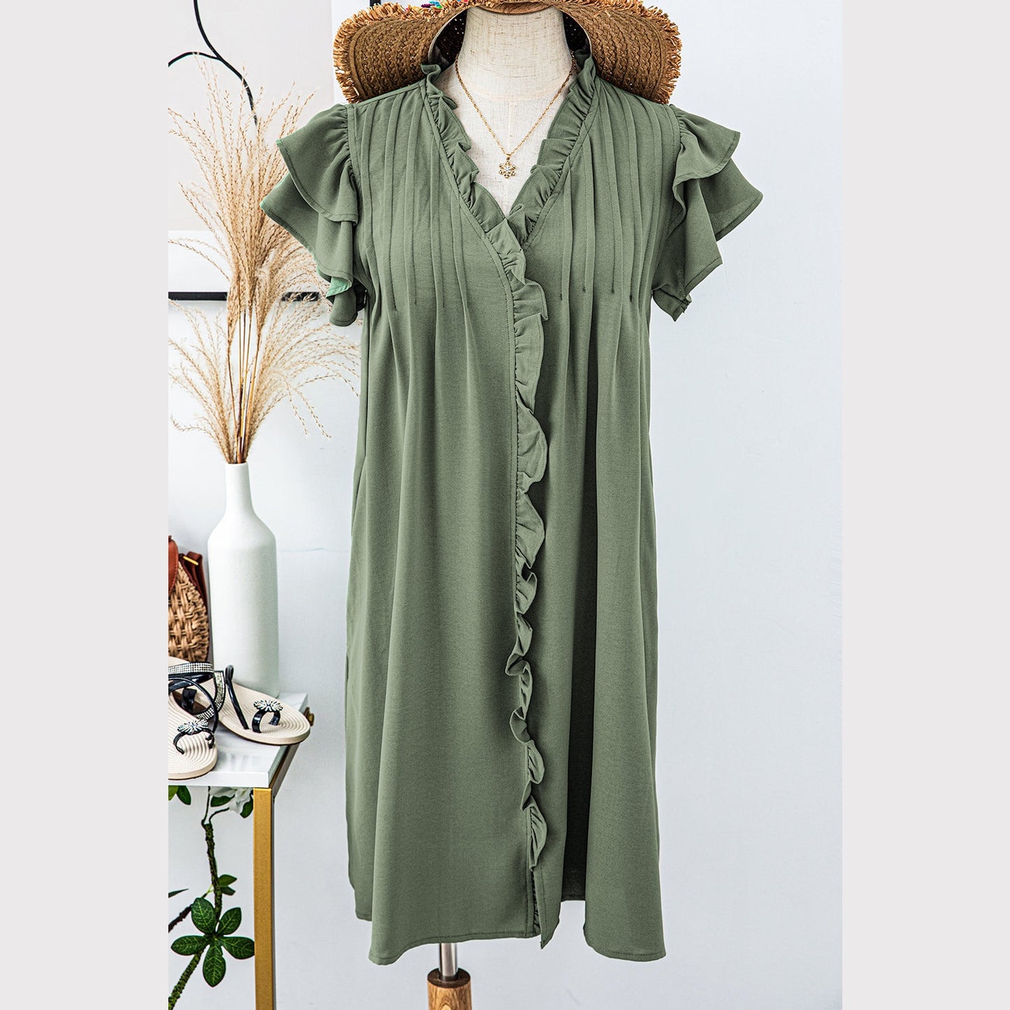 Silvi Mist Green Ruffle Sleeve V Neck Frilled Shift Dress
