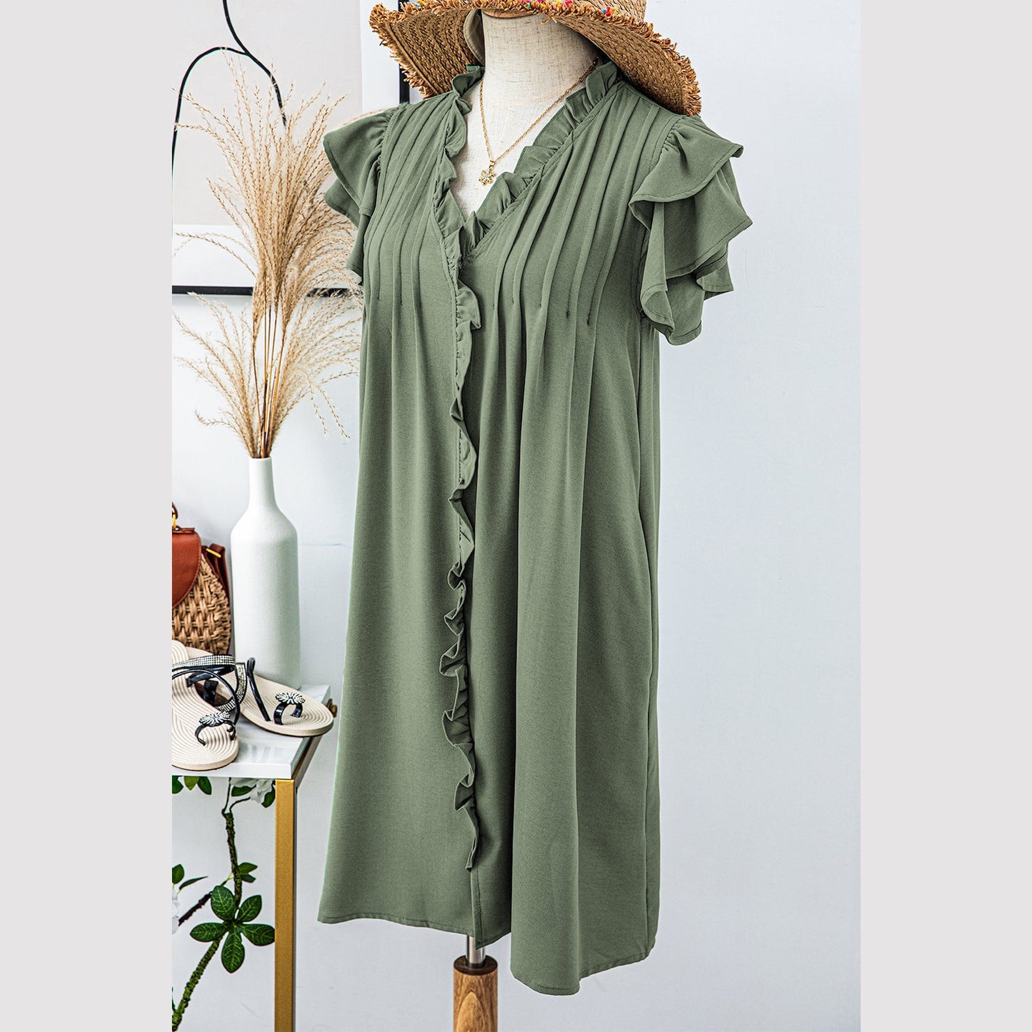 Silvi Mist Green Ruffle Sleeve V Neck Frilled Shift Dress