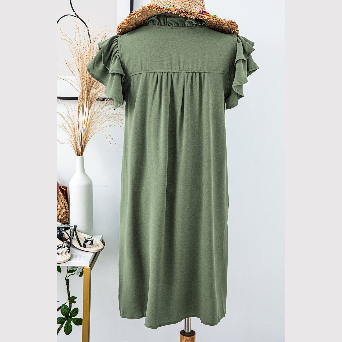 Silvi Mist Green Ruffle Sleeve V Neck Frilled Shift Dress