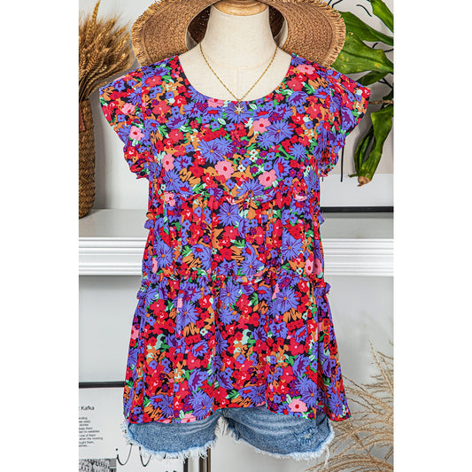 REDUCED!!!  Skye Multicolor Floral Print Ruffle Tiered Short Sleeve Babydoll Top  REDUCED!!!
