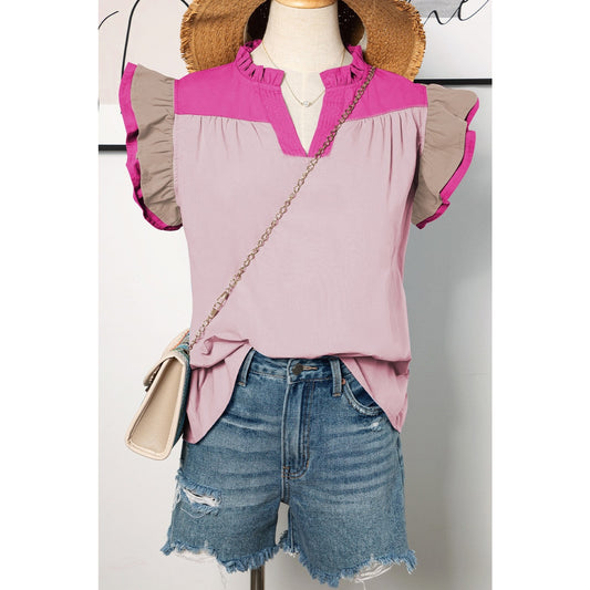 REDUCED!!!  Sofia Pink Colorblock Ruffled Sleeve Frill V Neck Blouse  REDUCED!!!