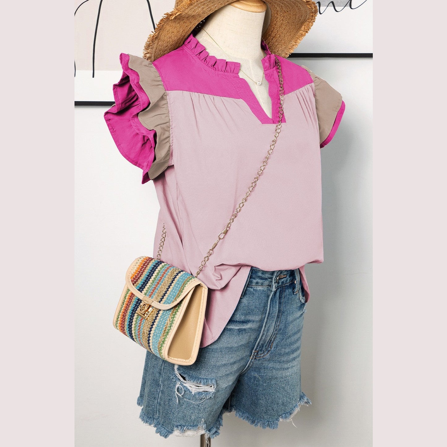 SALE!!! Sofia Pink Colorblock Ruffled Sleeve Frill V Neck Blouse SALE!!!