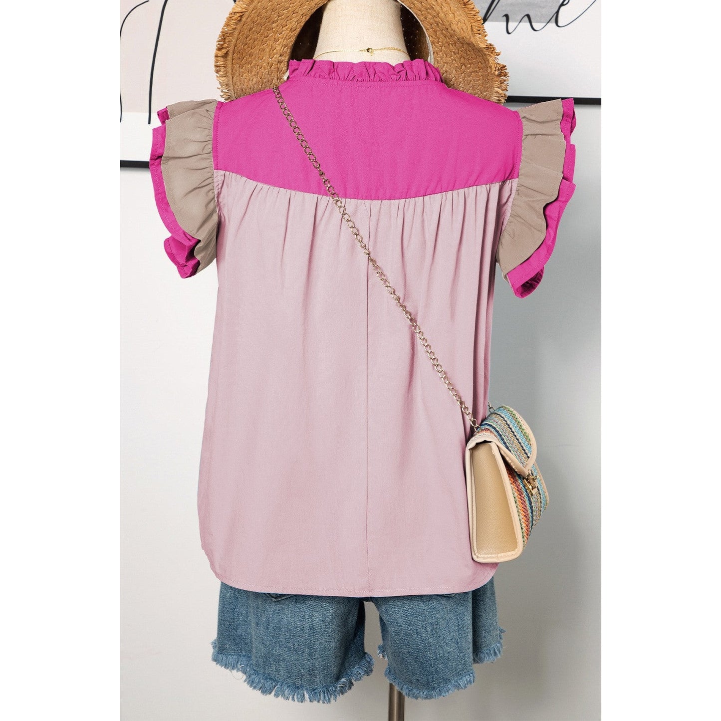 SALE!!! Sofia Pink Colorblock Ruffled Sleeve Frill V Neck Blouse SALE!!!
