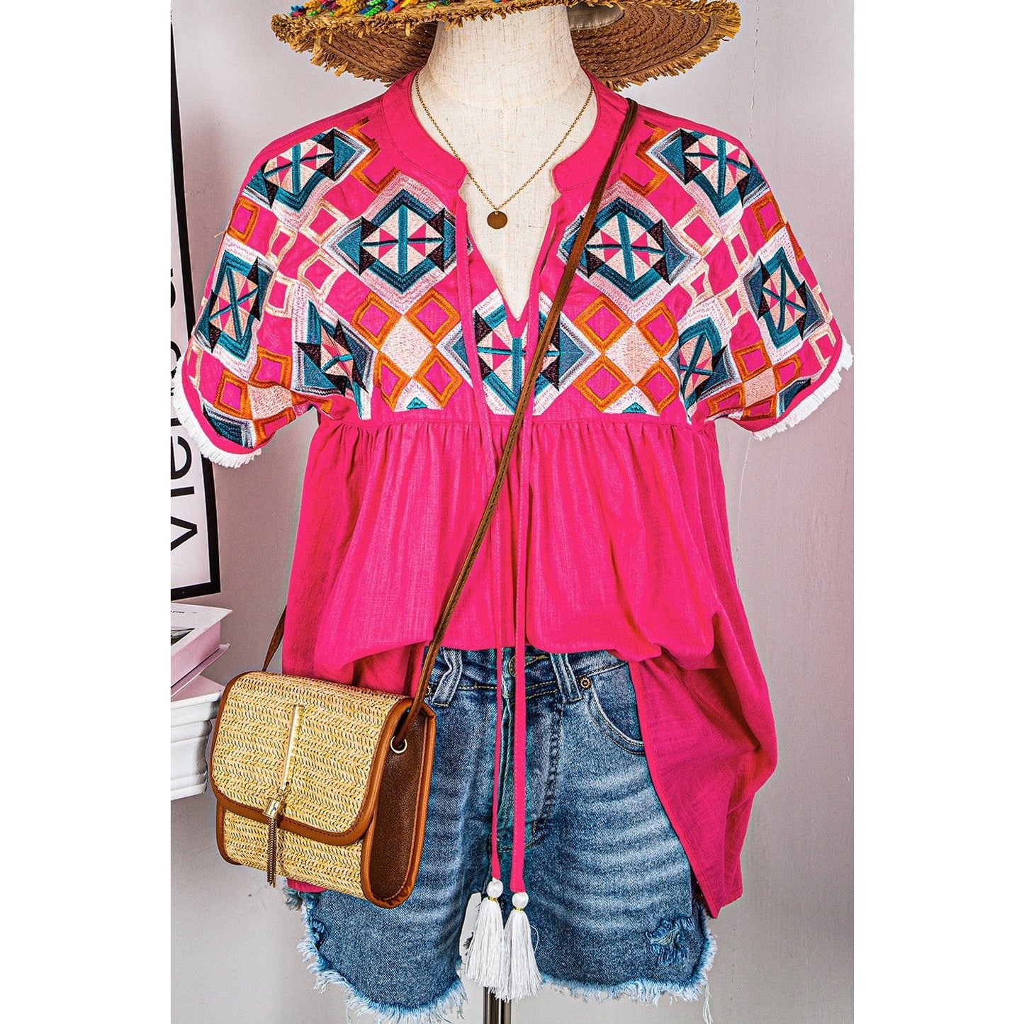 Sondra Strawberry Pink Geometric Embroidered Tassel Tie V Neck Blouse