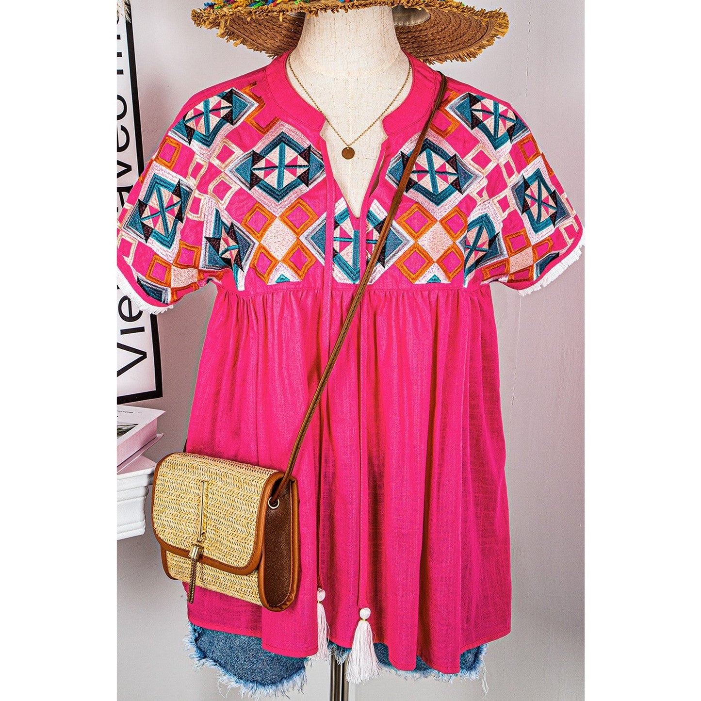 Sondra Strawberry Pink Geometric Embroidered Tassel Tie V Neck Blouse