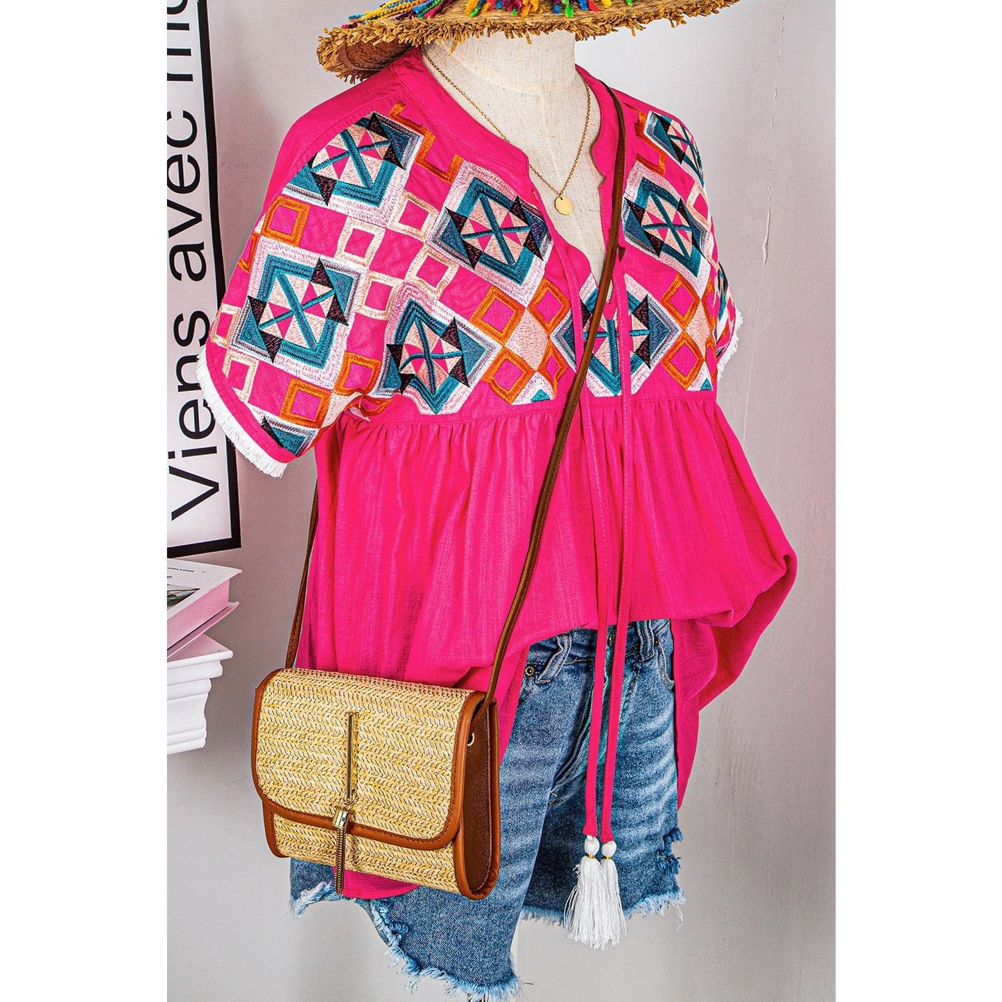 Sondra Strawberry Pink Geometric Embroidered Tassel Tie V Neck Blouse