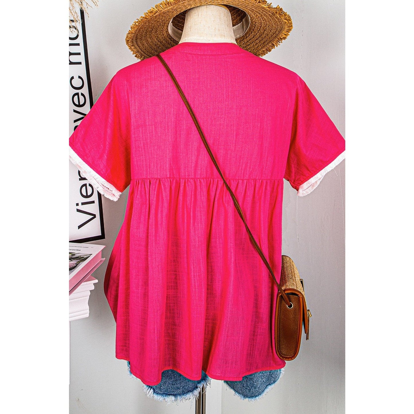 Sondra Strawberry Pink Geometric Embroidered Tassel Tie V Neck Blouse
