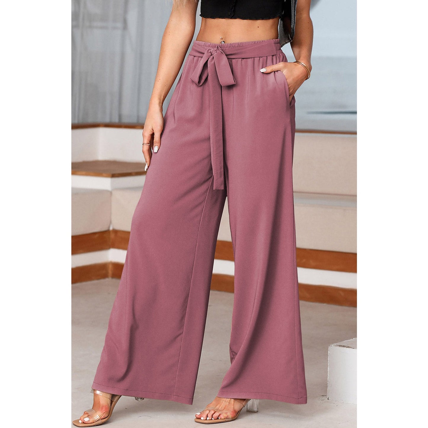 Sorcha Mauve High Waisted Tie Front Side Pocket Wide Leg Flowy Casual Pants