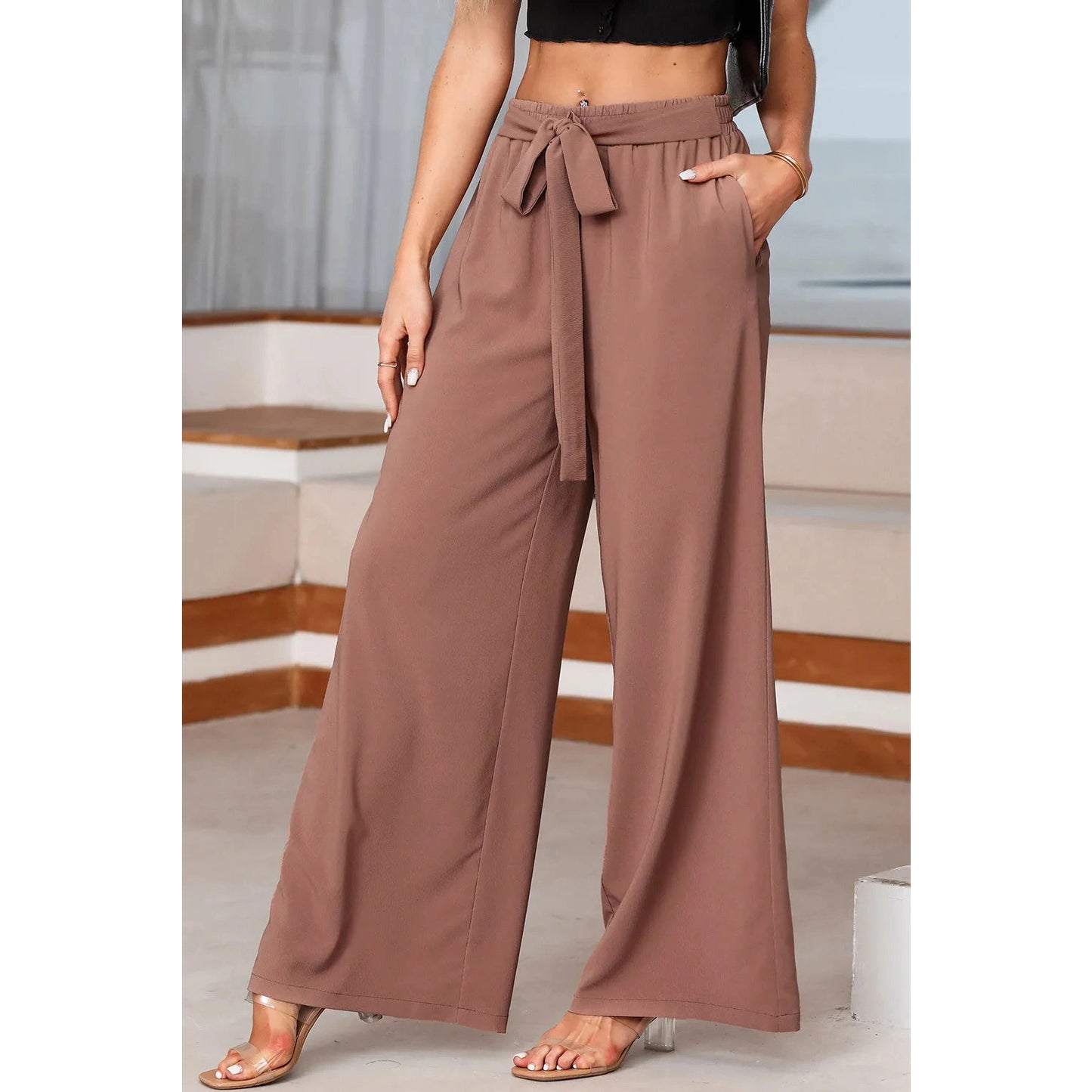 Sorcha Coffee High Waisted Tie Front Side Pocket Wide Leg Flowy Casual Pants