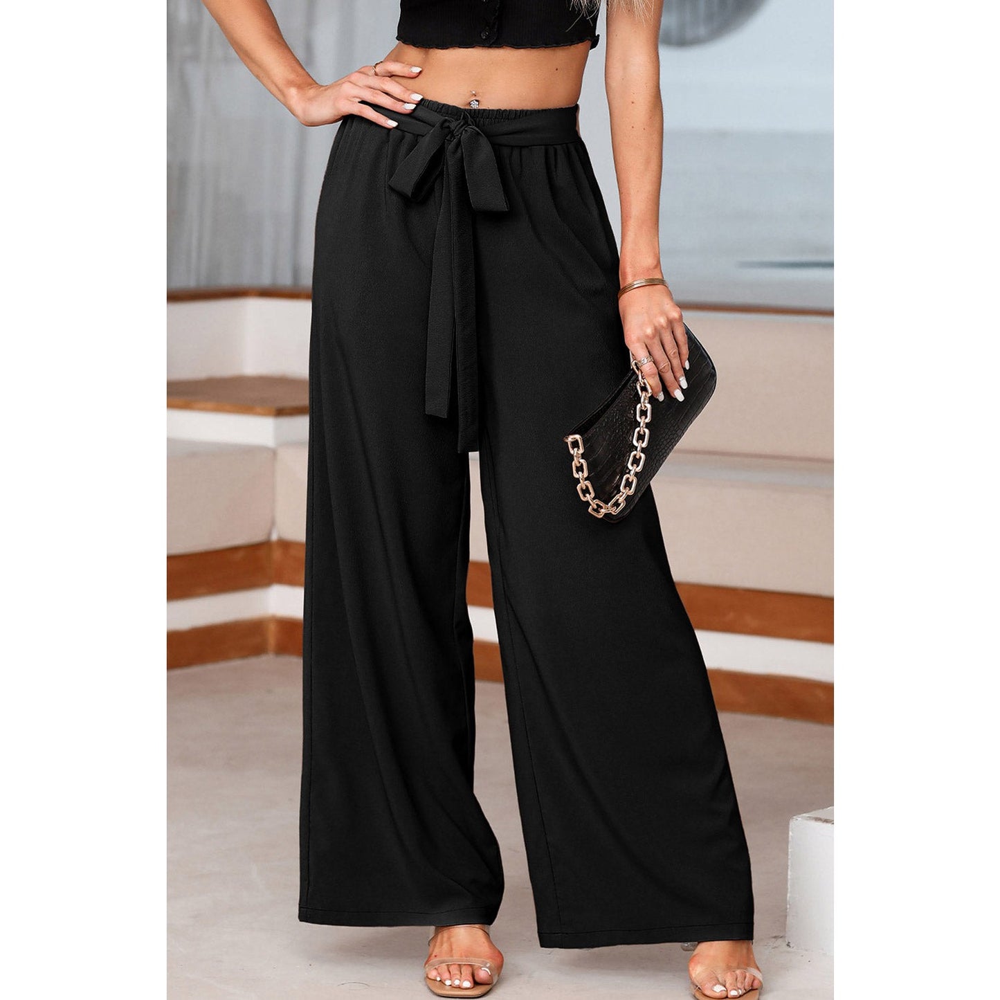 Sorcha Black High Waisted Tie Front Side Pocket Wide Leg Flowy Casual Pants
