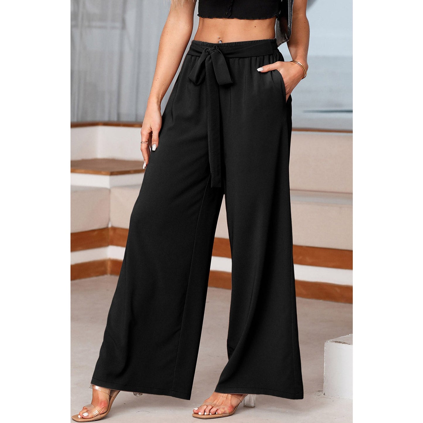 Sorcha Black High Waisted Tie Front Side Pocket Wide Leg Flowy Casual Pants