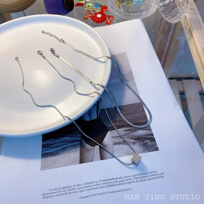 Silver Double Layer Square Pendant Snake Chain Necklace