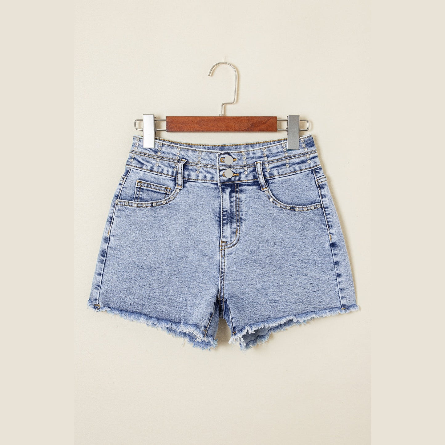 REDUCED!!! Stassia Beau Blue Rhinestone Light Wash Raw Hem High Waist Denim Shorts REDUCED!!!