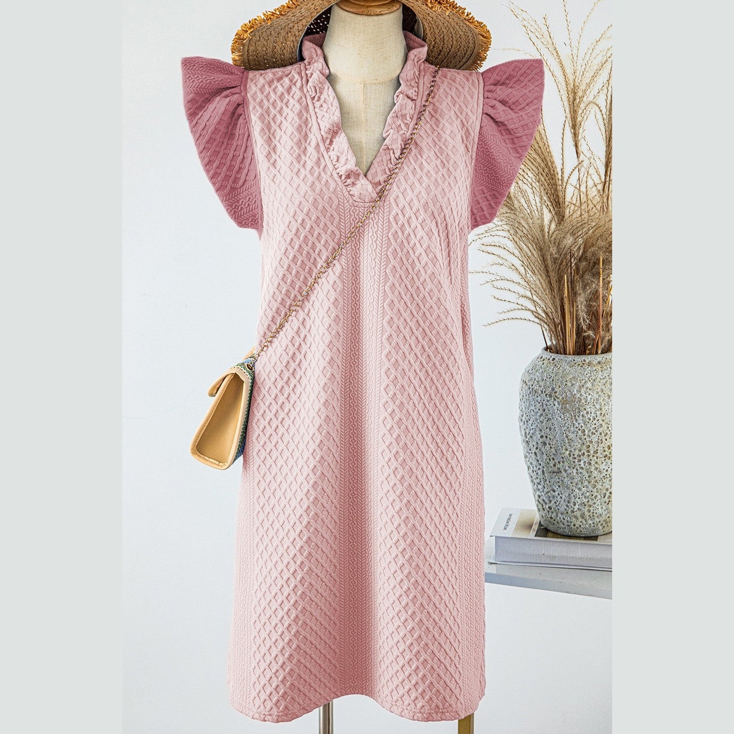 REDUCED!!! Stephie Light Pink Textured Puff Sleeve Ruffled V Neck Shift Mini Dress REDUCED!!!