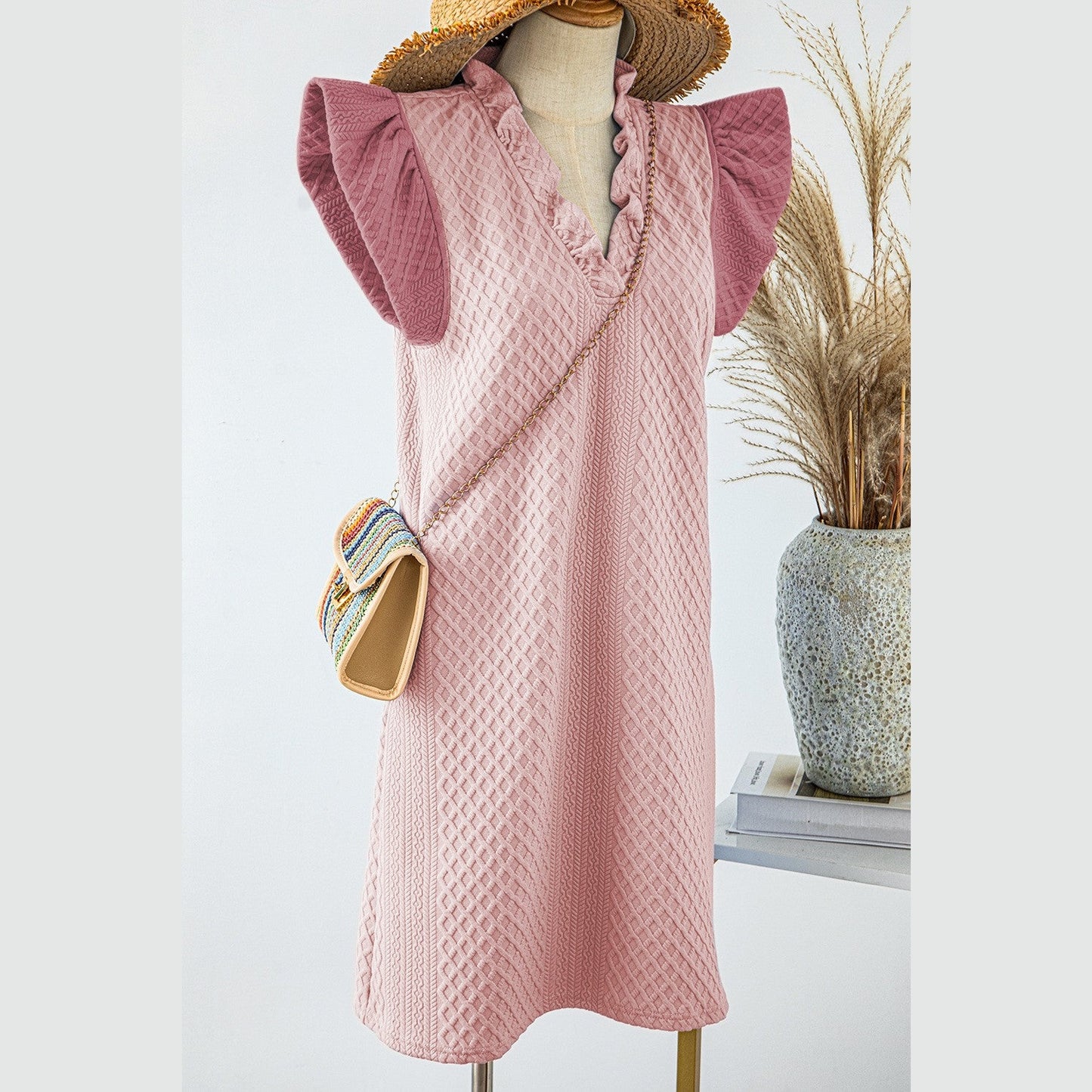REDUCED!!! Stephie Light Pink Textured Puff Sleeve Ruffled V Neck Shift Mini Dress REDUCED!!!
