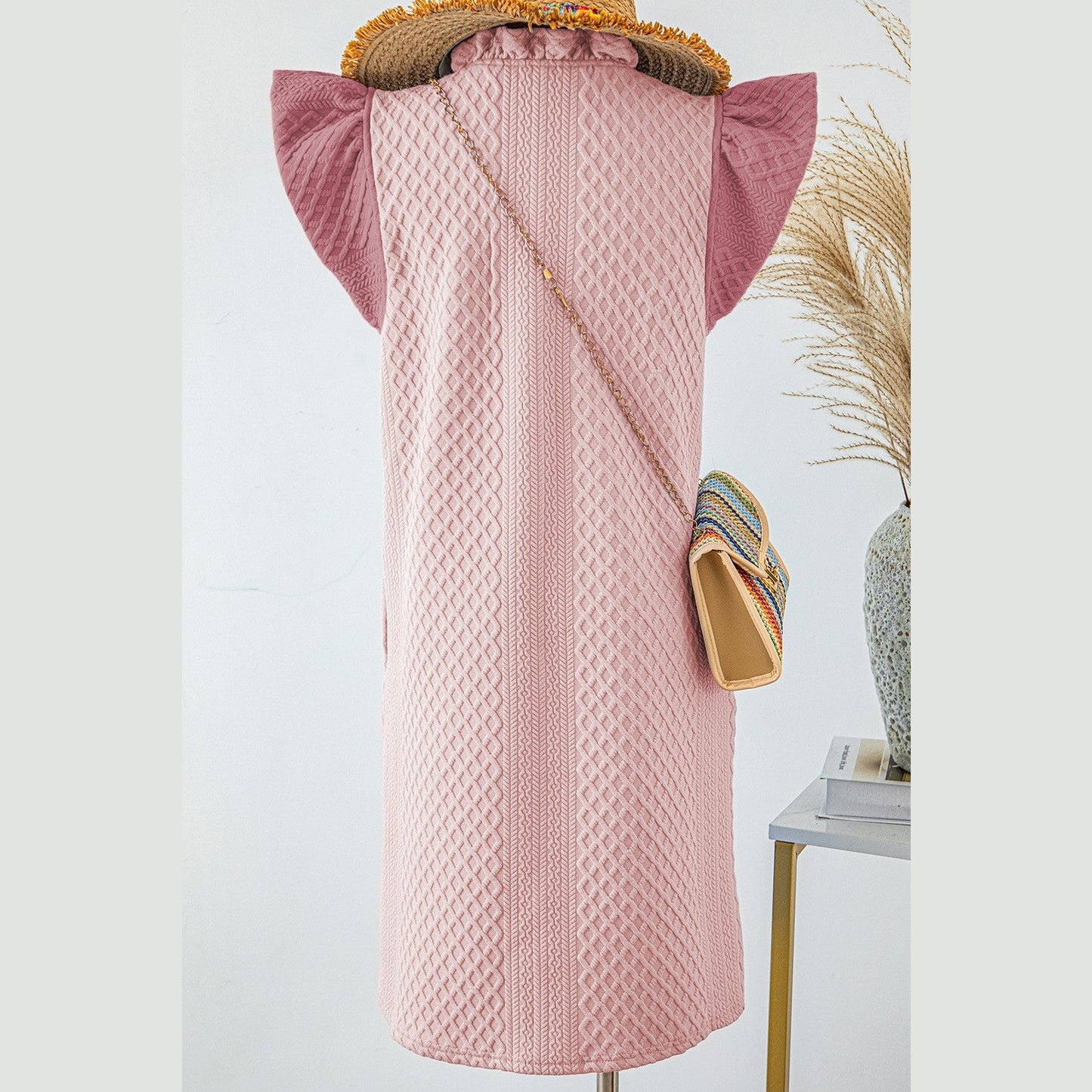 REDUCED!!! Stephie Light Pink Textured Puff Sleeve Ruffled V Neck Shift Mini Dress REDUCED!!!
