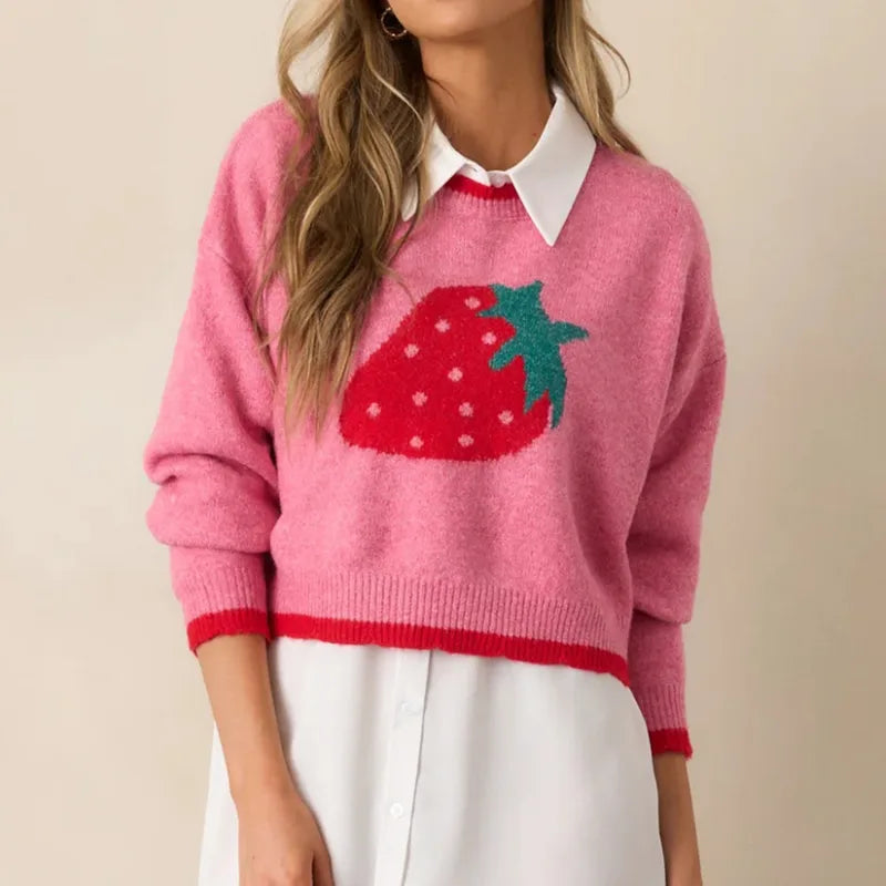Strawberry Cropped Long Sleeve Sweater
