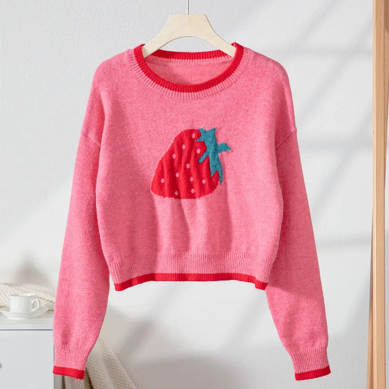 Strawberry Cropped Long Sleeve Sweater