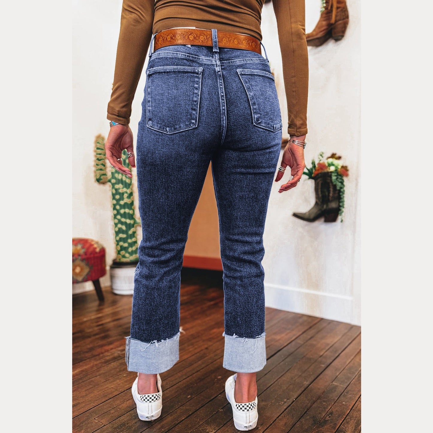 Suzan Folded Cuffs Distressed Straight High Waist Jeans