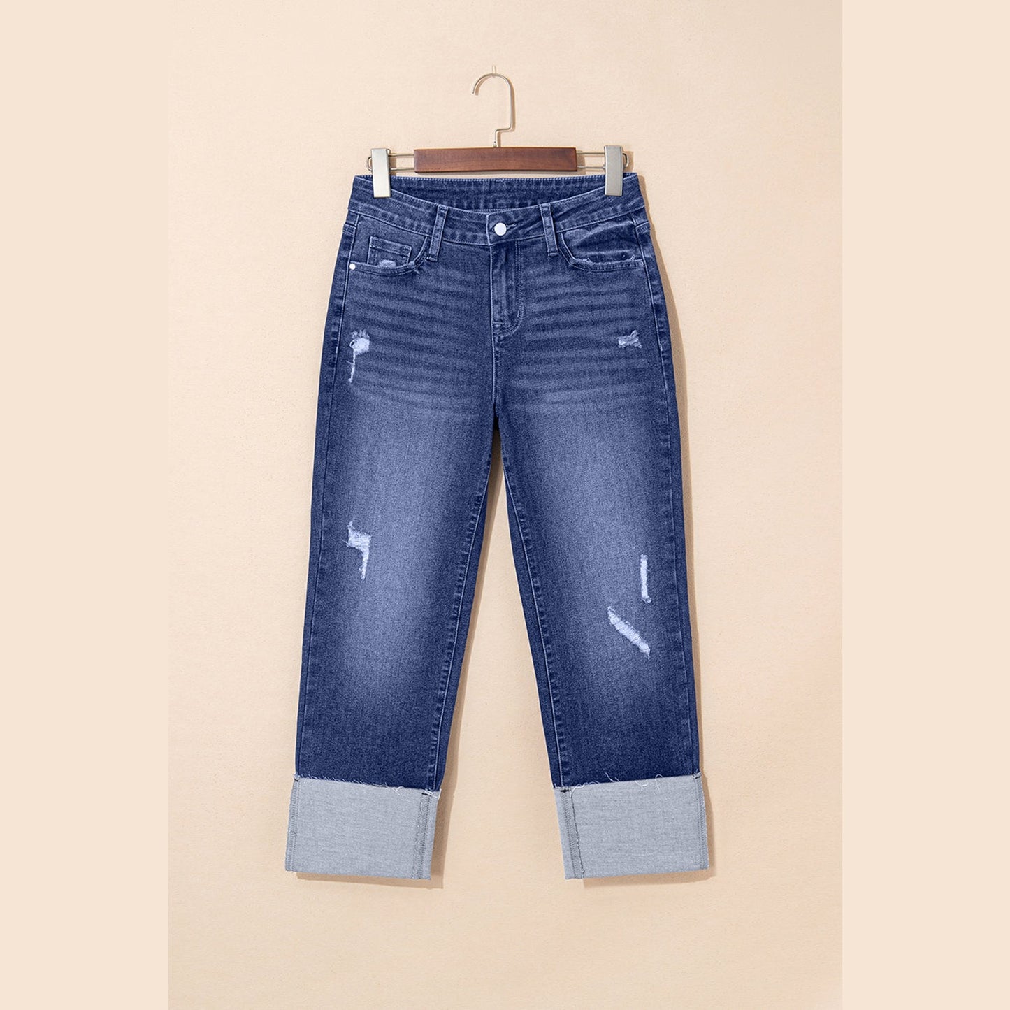 Suzan Folded Cuffs Distressed Straight High Waist Jeans