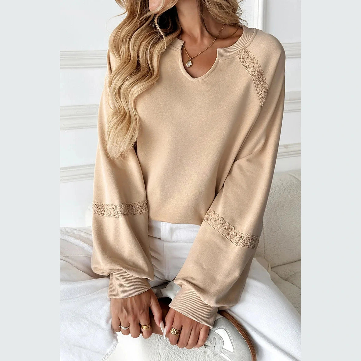 Maybelle Apricot Open V Neck Lace Decor Top