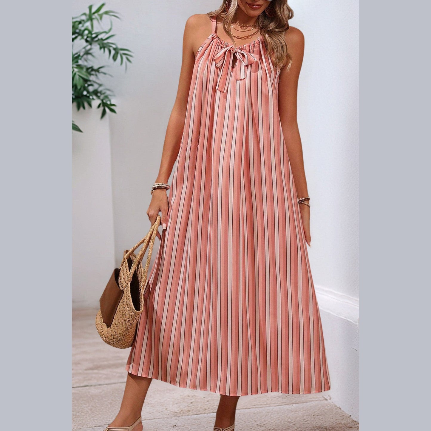 Sydnee Striped Bow-Tie Neck Maxi Dress