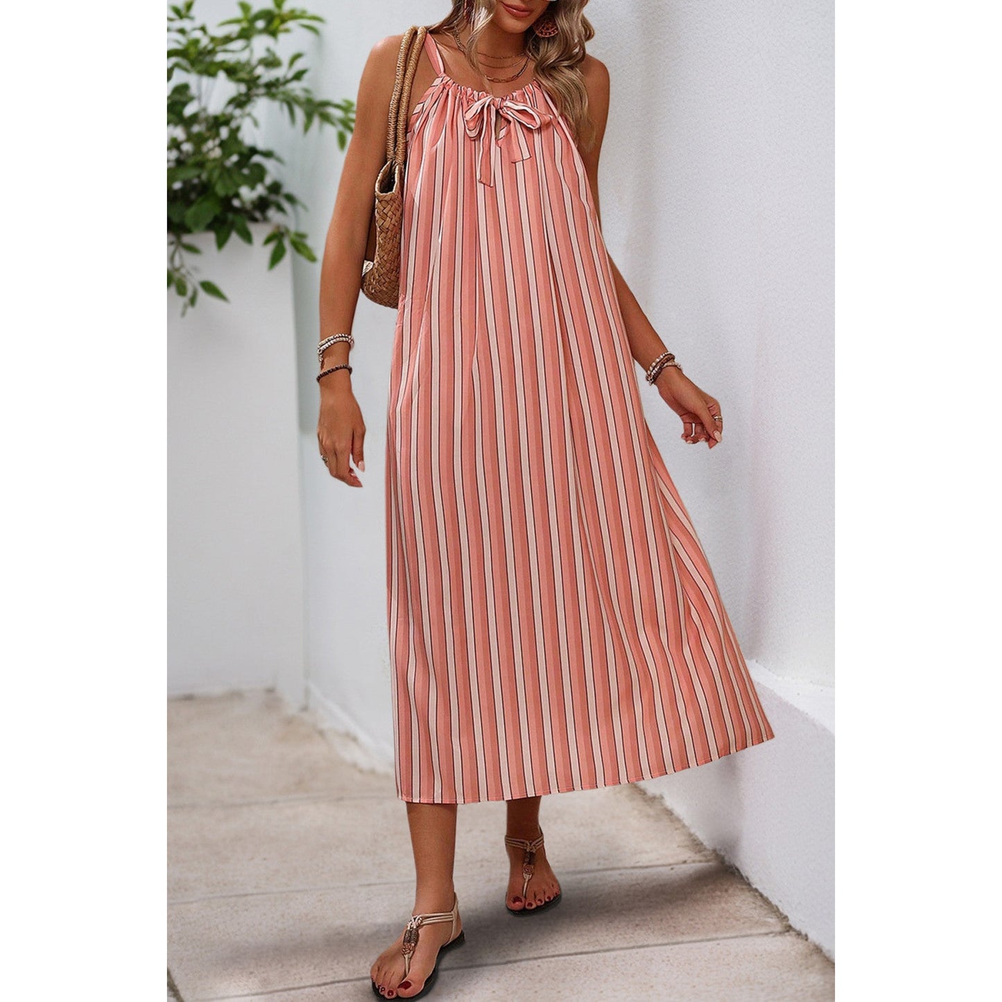 Sydnee Striped Bow-Tie Neck Maxi Dress