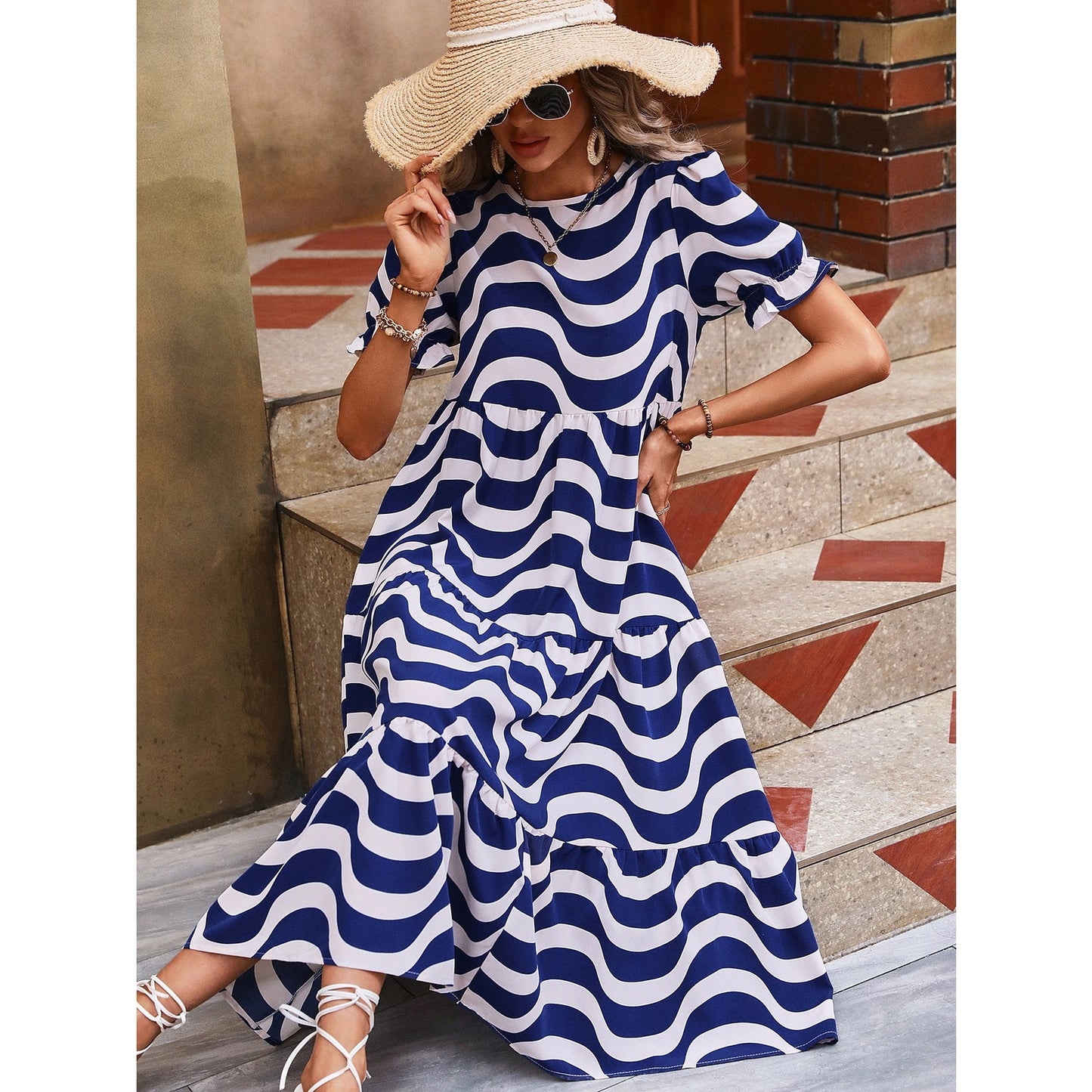 Tabi Blue Puff Sleeve Tiered Loose Maxi Dress