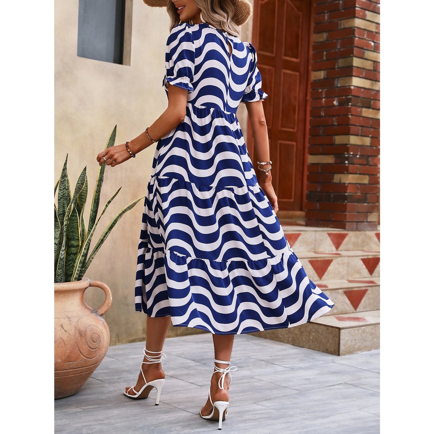 Tabi Blue Puff Sleeve Tiered Loose Maxi Dress
