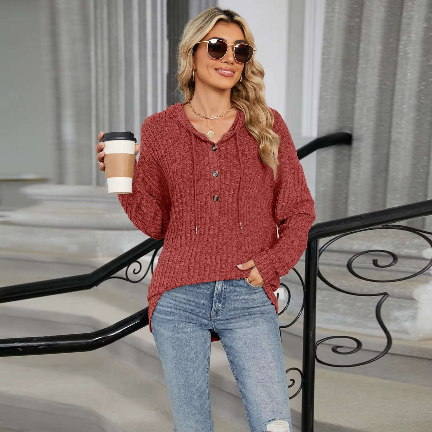 Tahlia Rust Half Button Drawstring Hooded Top