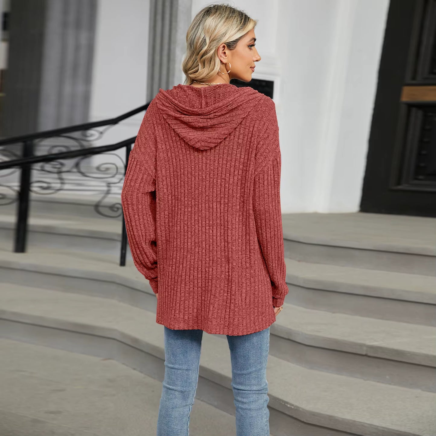 Tahlia Rust Half Button Drawstring Hooded Top