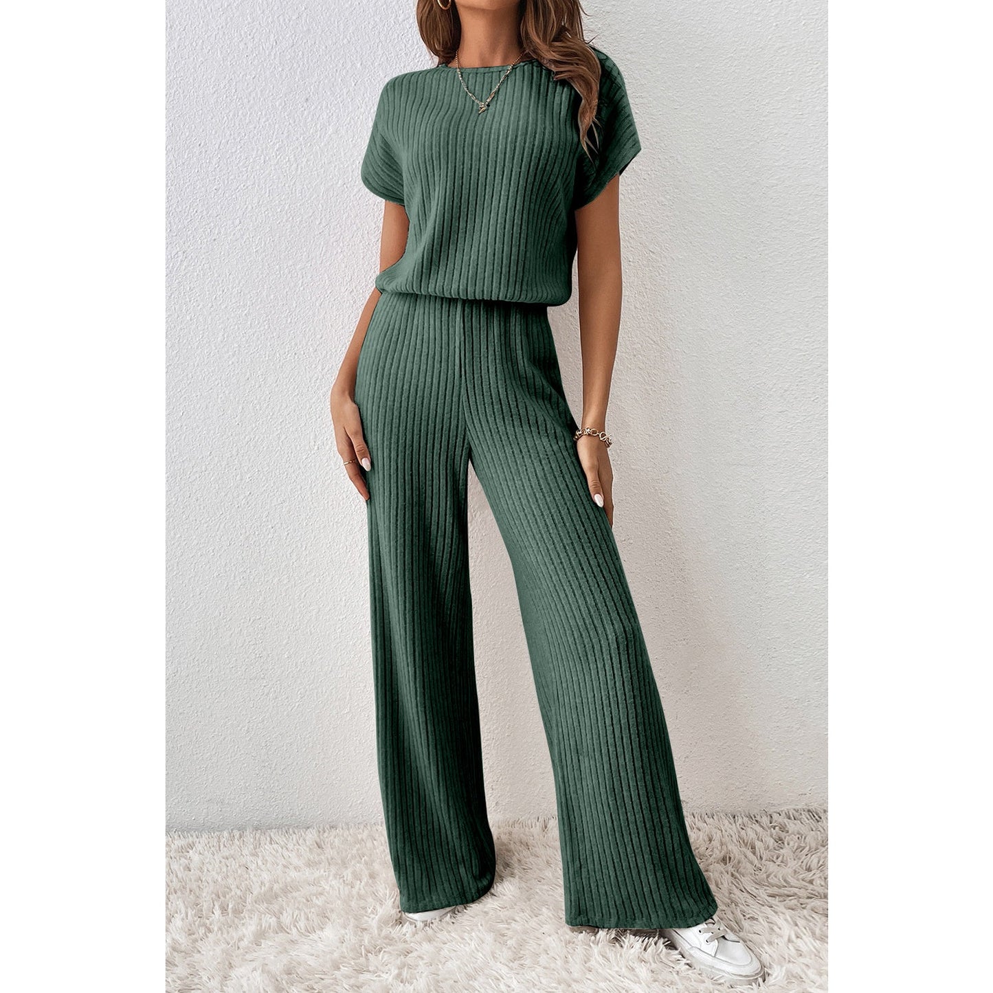 Tamryn Dark Green Ribbed Keyhole Short Sleeve Wide Leg Jumpsuit