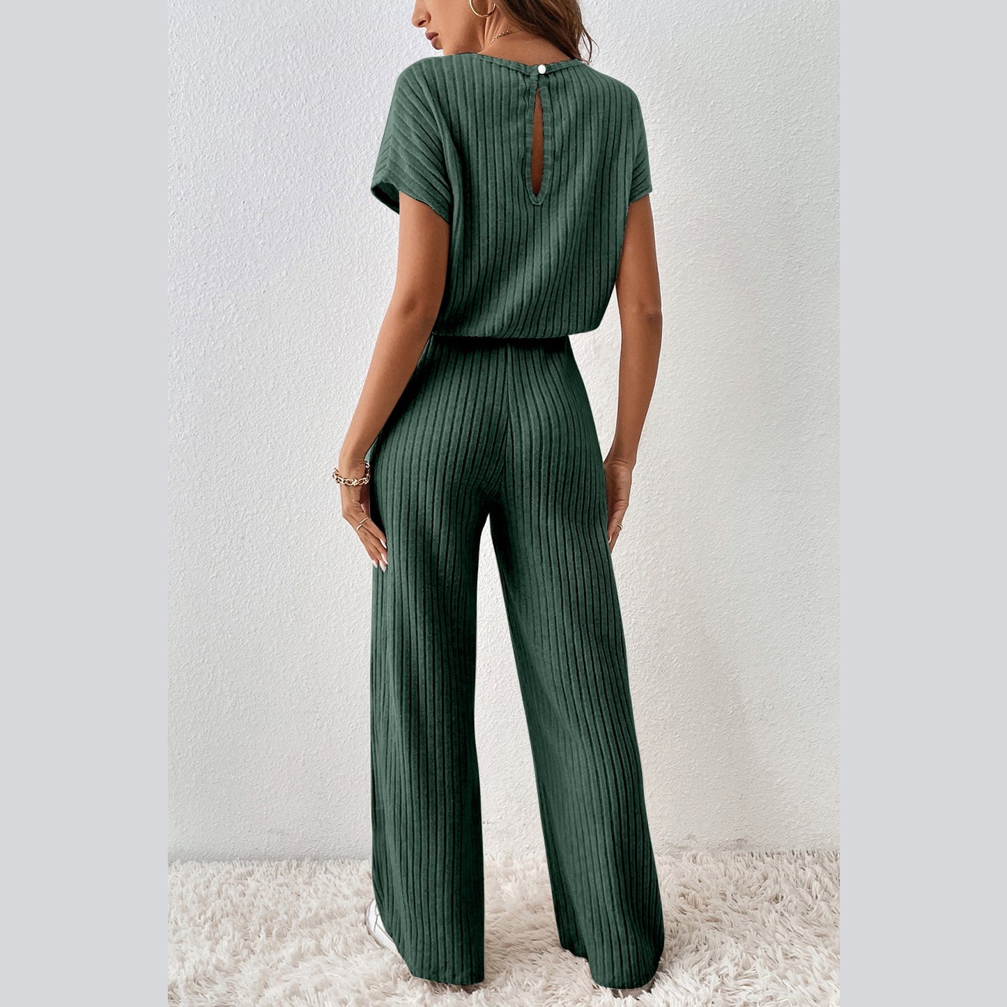 Tamryn Dark Green Ribbed Keyhole Short Sleeve Wide Leg Jumpsuit