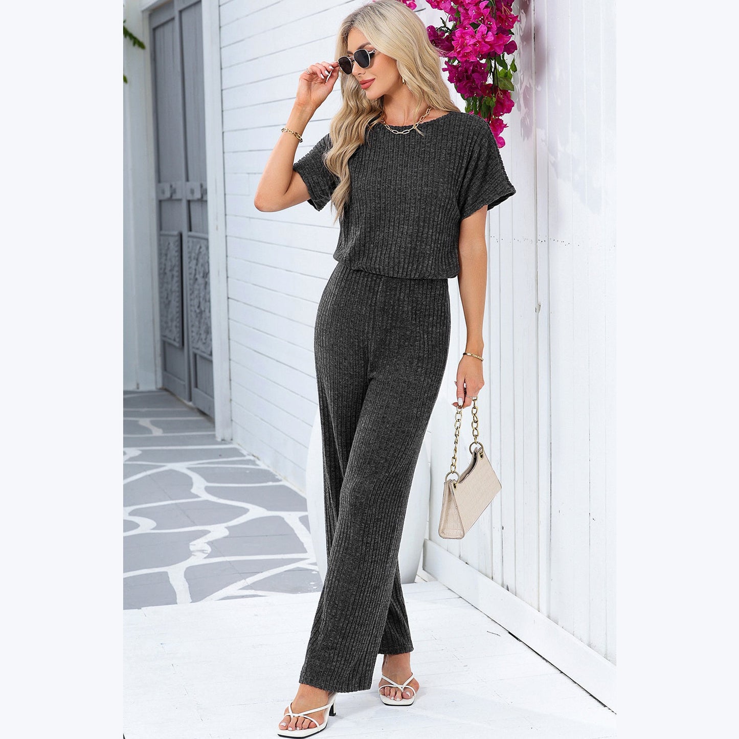 Tamryn Charcoal Ribbed Keyhole Short Sleeve Wide Leg Jumpsuit