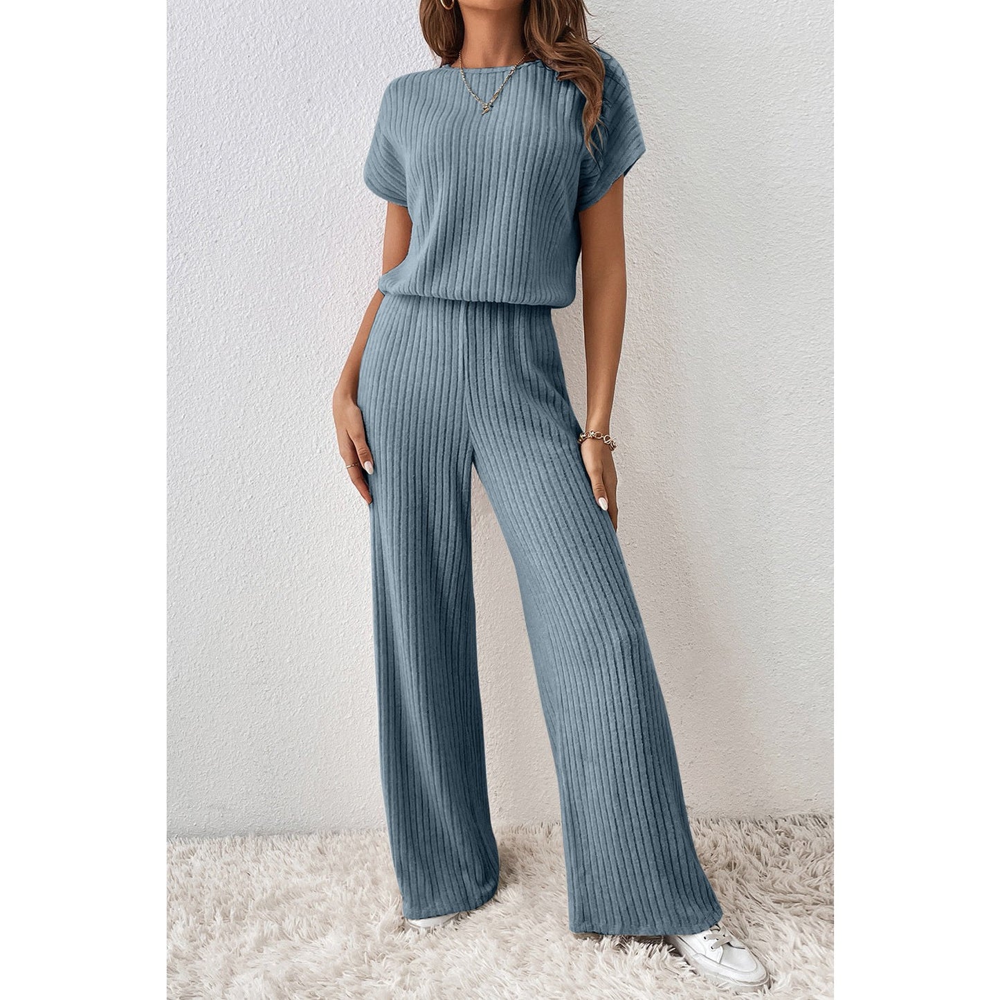 Tamryn Blue Ribbed Keyhole Short Sleeve Wide Leg Jumpsuit