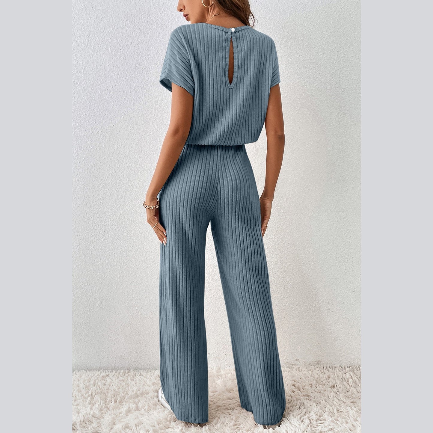 Tamryn Blue Ribbed Keyhole Short Sleeve Wide Leg Jumpsuit
