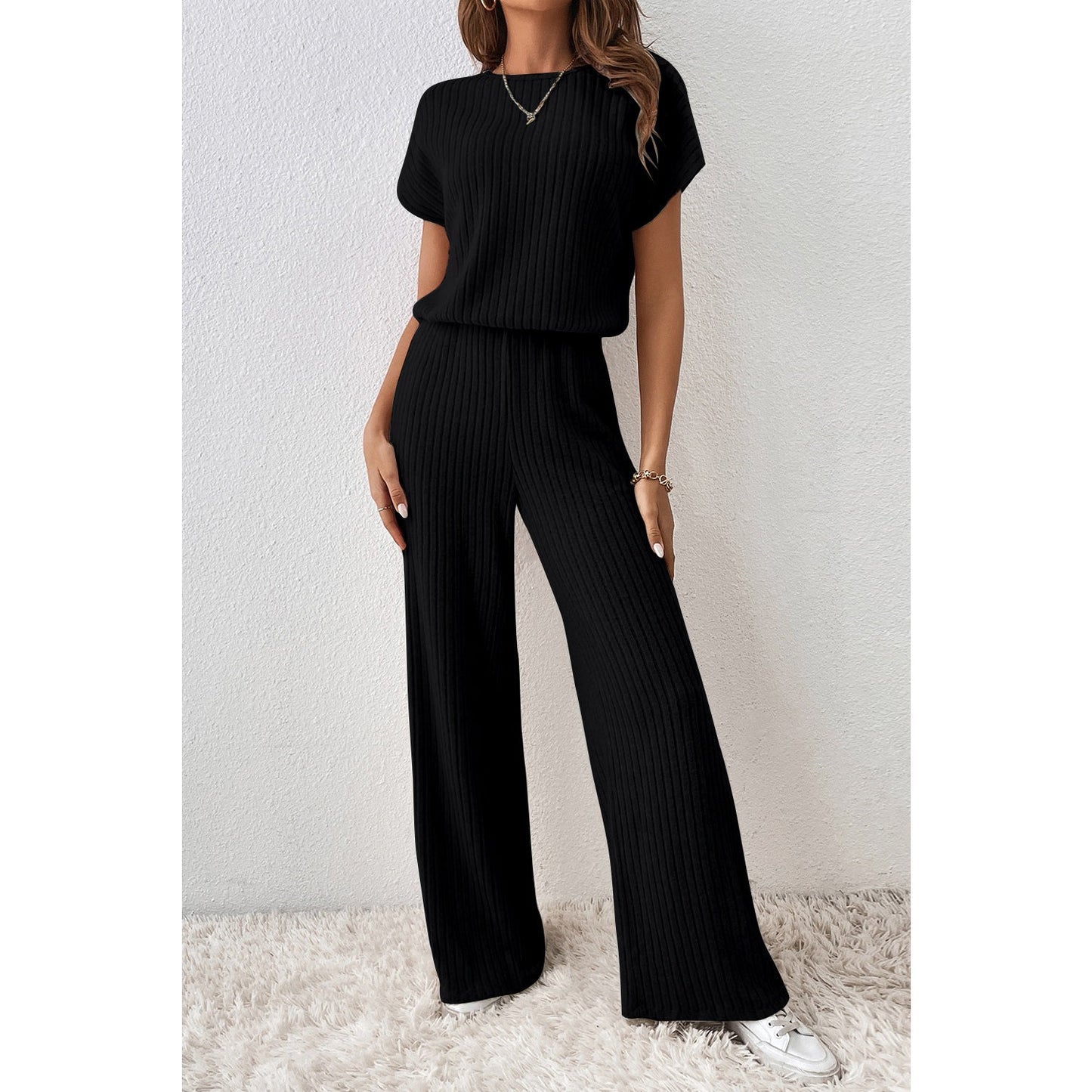 Tamryn Black Ribbed Keyhole Short Sleeve Wide Leg Jumpsuit